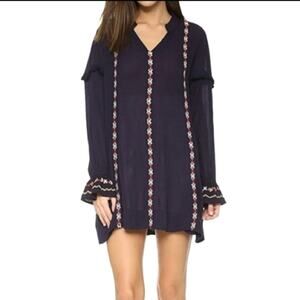 Tularosa Revolve V Neck Embroidered Boho Chic Navy Blue Tunic Mini Dress Size S
